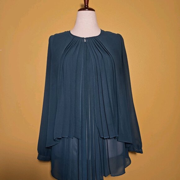 LOVE 21 Emerald Green Blouse Long Sleeve Sheer Tunic Pleated Large Layered Cardi - Picture 2 of 12